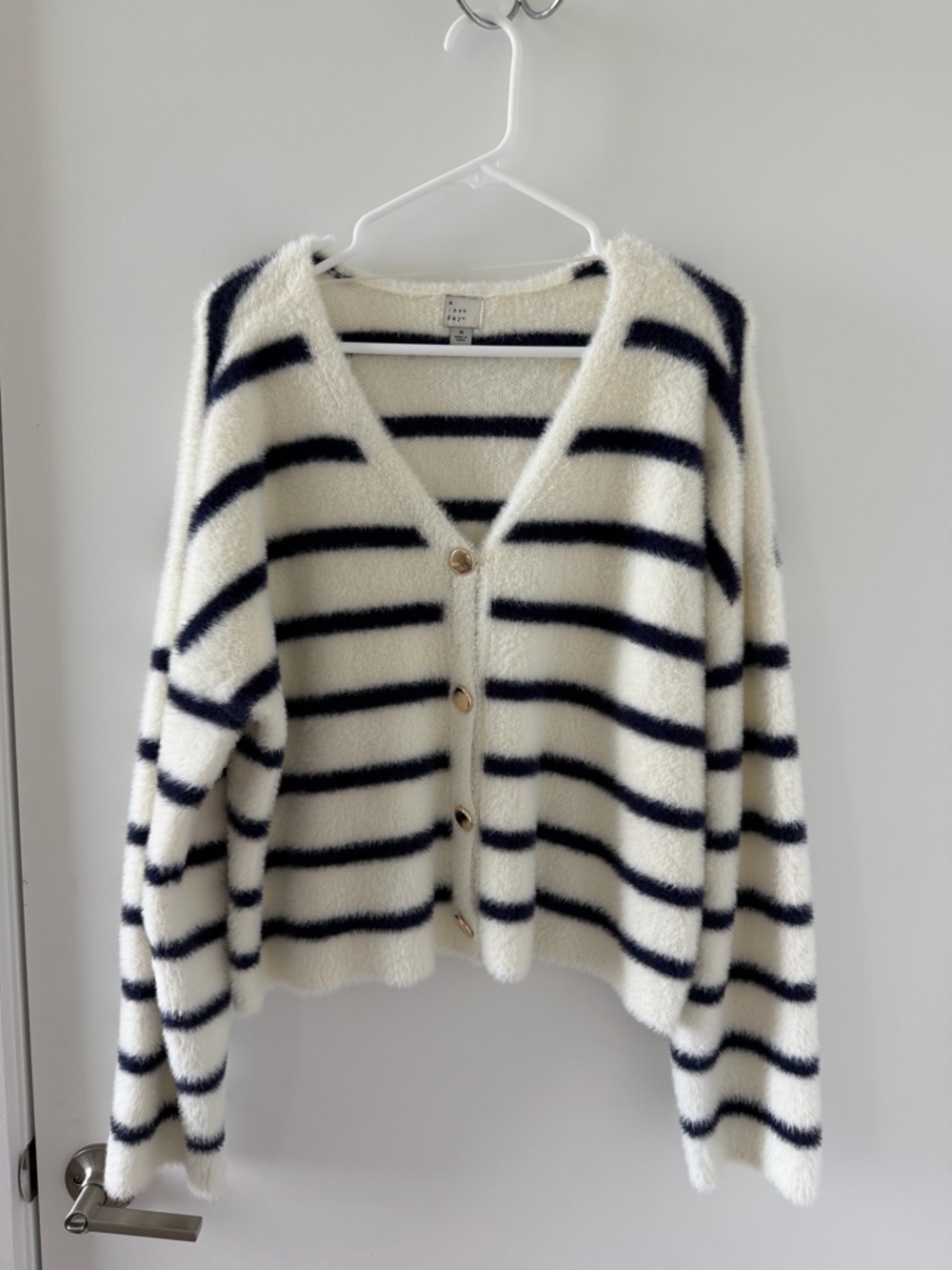 a new day Cream and Navy Striped Fuzzy Button-Up Cardigan